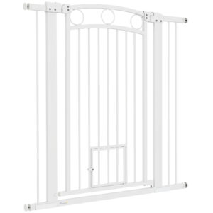 PawHut Türschutzgitter Hund, 76-104 cm Absperrgitter ohne Bohren, Treppengitter aus Stahl, Treppenschutzgitter mit Katzentür, Schutzgitter, Sicherheitsgitter für Treppen, Tür, Flur, Weiß Aosom