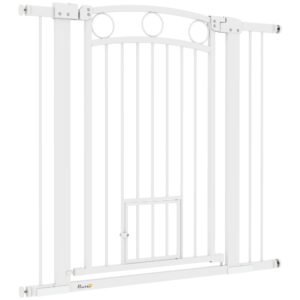 PawHut Türschutzgitter für Hunde, 76-104 cm Treppengitter ohne Bohren, schließbar Treppenschutzgitter mit Katzentür, Schutzgitter für alle großen Hunde, Stahl, Weiß Aosom