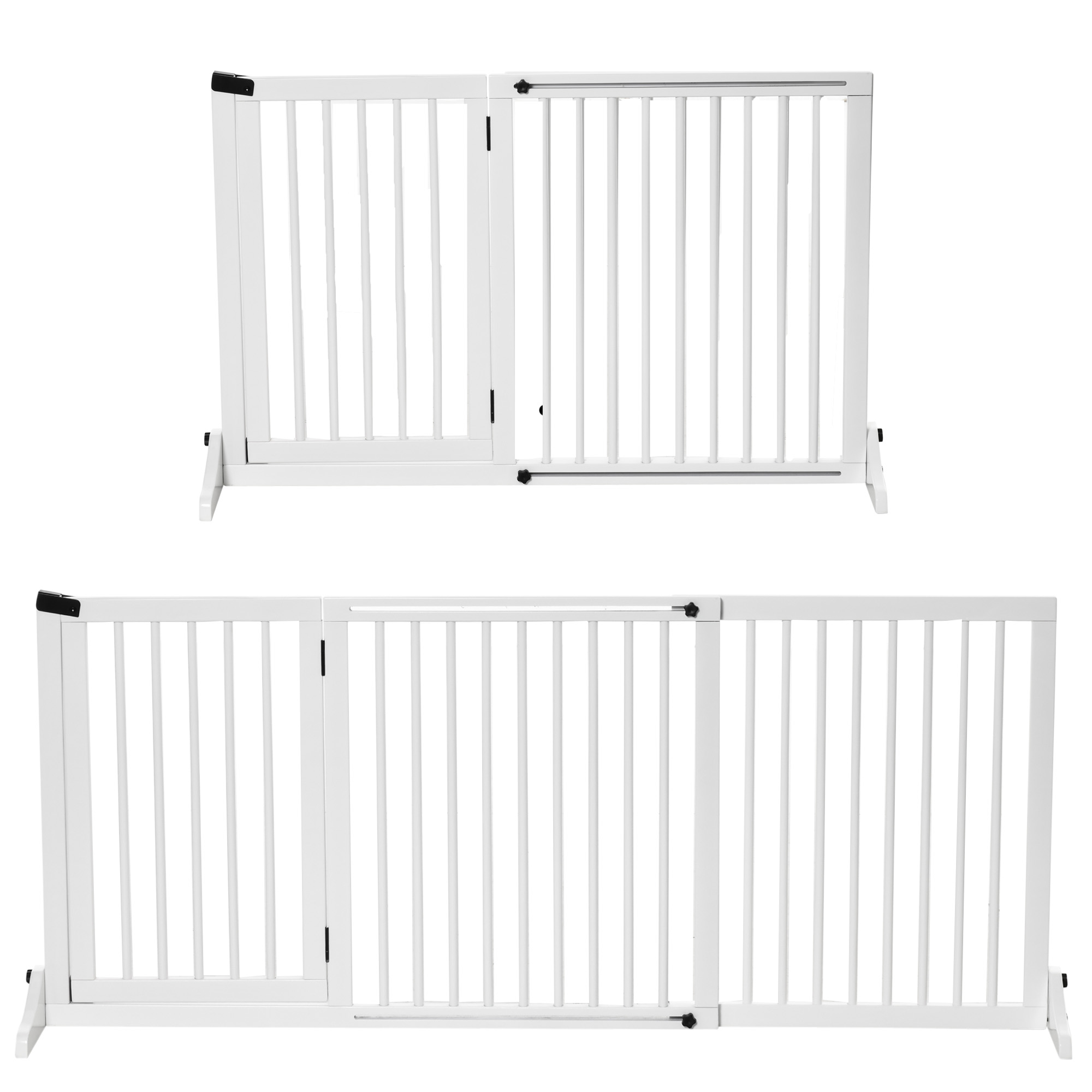 PawHut Türschutzgitter für Hunde freistehendes Schutzgitter aus Holz mit Tür in Weiß 113-166x36x71cm ideal für Haustierschutz Aosom.de