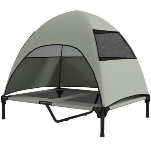 PawHut Hundeliege Outdoor mit Dach, Erhöhtes Hundebett für Große Hunde, Kühlendes Haustierliege mit Waschbares Mesh Metallrahmen Tragtasche, Haustierbett für Draußen Camping 91x76x90cm, Hellgrau Aosom