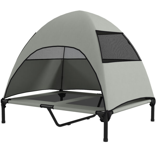 PawHut Hundeliege Outdoor mit Dach, Erhöhtes Hundebett für Große Hunde, Kühlendes Haustierliege mit Waschbares Mesh Metallrahmen Tragtasche, Haustierbett für Draußen Camping 91x76x90cm, Hellgrau Aosom