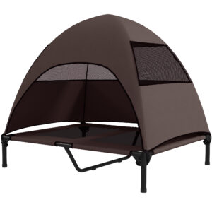 PawHut Hundeliege Outdoor mit Dach, Erhöhtes Hundebett für Große Hunde, Kühlendes Haustierliege mit Waschbares Mesh Metallrahmen Tragtasche, Haustierbett für Draußen Camping 91x76x90cm, Kaffee Aosom