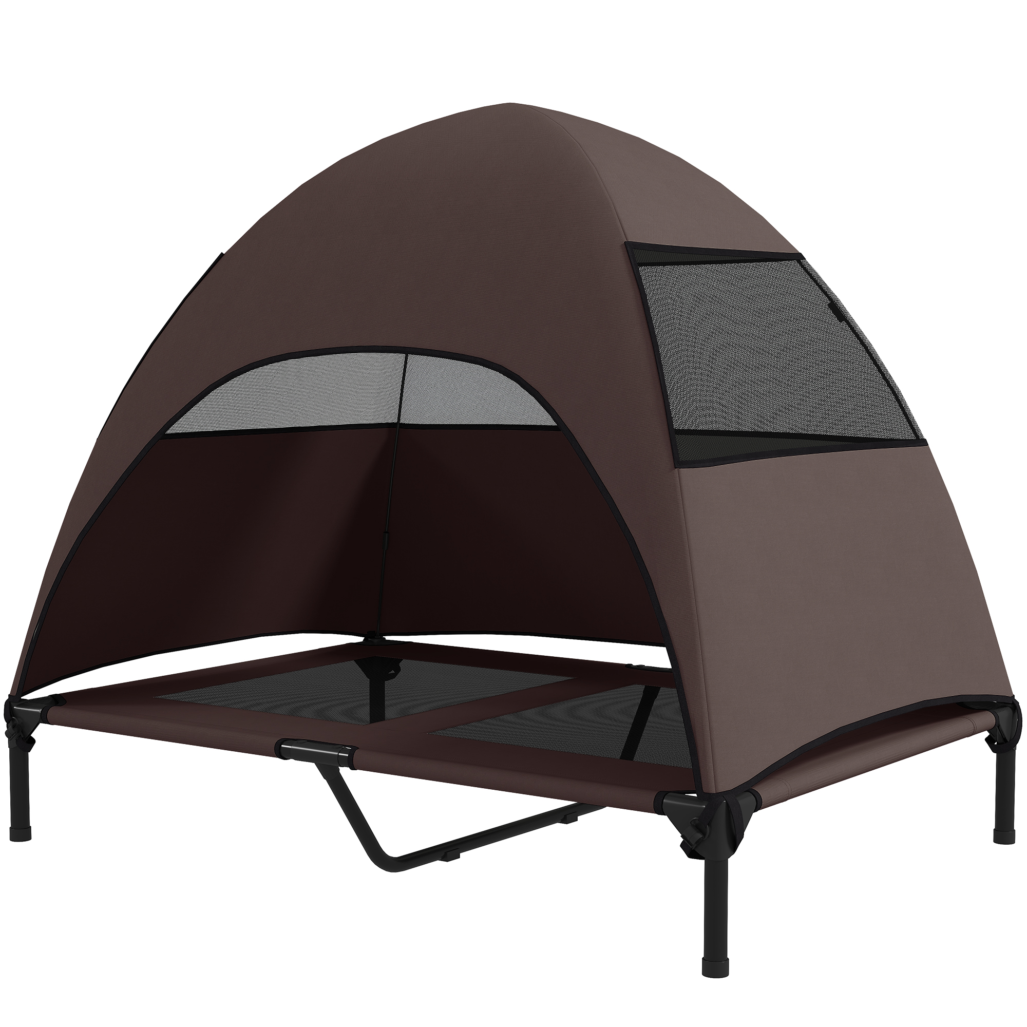 PawHut Hundeliege Outdoor mit Dach, Erhöhtes Hundebett für Große Hunde, Kühlendes Haustierliege mit Waschbares Mesh Metallrahmen Tragtasche, Haustierbett für Draußen Camping 106x76x99cm, Kaffee Aosom