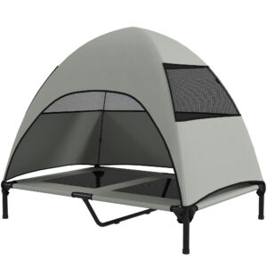PawHut Hundeliege Outdoor mit Dach, Erhöhtes Hundebett für Große Hunde, Kühlendes Haustierliege mit Waschbares Mesh Metallrahmen Tragtasche, Haustierbett für Draußen Camping 106x76x99cm, Hellgrau Aosom
