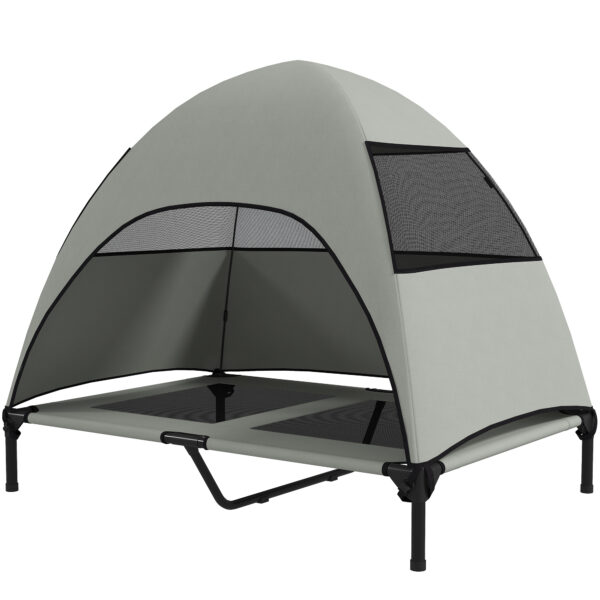 PawHut Hundeliege Outdoor mit Dach, Erhöhtes Hundebett für Große Hunde, Kühlendes Haustierliege mit Waschbares Mesh Metallrahmen Tragtasche, Haustierbett für Draußen Camping 106x76x99cm, Hellgrau Aosom