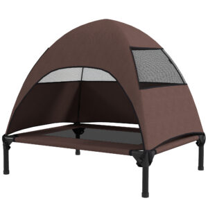 PawHut Hundeliege Outdoor mit Dach, Erhöhtes Hundebett für Mittelgroße Hunde, Kühlendes Haustierliege mit Waschbares Mesh Metallrahmen Tragtasche, Haustierbett für Draußen Camping 76x61x71cm, Kaffee Aosom