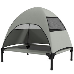 PawHut Hundeliege Outdoor mit Dach, Erhöhtes Hundebett für Mittelgroße Hunde, Kühlendes Haustierliege mit Waschbares Mesh Metallrahmen Tragtasche, Haustierbett für Draußen Camping 76x61x71cm, Hellgrau Aosom