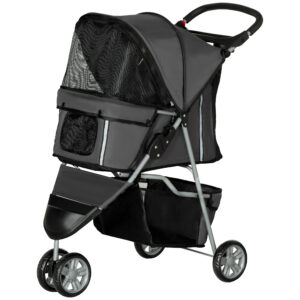 PawHut Hundewagen Hundebuggy klappbar für Hunde & Katzen bis 10 kg Katzenbuggy mit Kissen Netzfenstern Getränkehalter Aufbewahrungstasche Katzenwagen Buggy Dunkelgrau Aosom