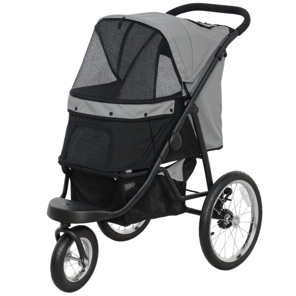 PawHut Hundewagen Jogger Hundebuggy klappbar für kleine Hunde & Katzen bis 10 kg Katzenbuggy mit 3 große Gummiräder, Kissen Netzfenstern Aufbewahrungskorb Katzenwagen mit Sicherheitsleinen, Grau Aosom