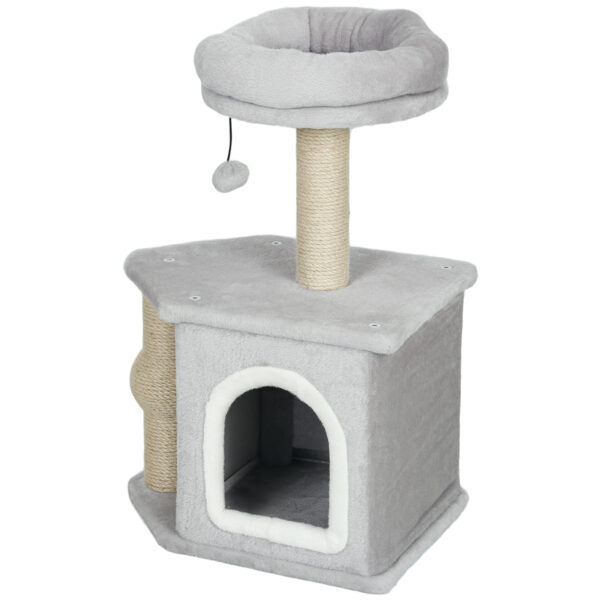 PawHut Katzenbaum, Spielzeugturm für Katzen, 66 cm hoch, mit Kratzsäulen aus Jute, Katzenbett-Haus, Plattform, Spielball, Hellgrau Aosom