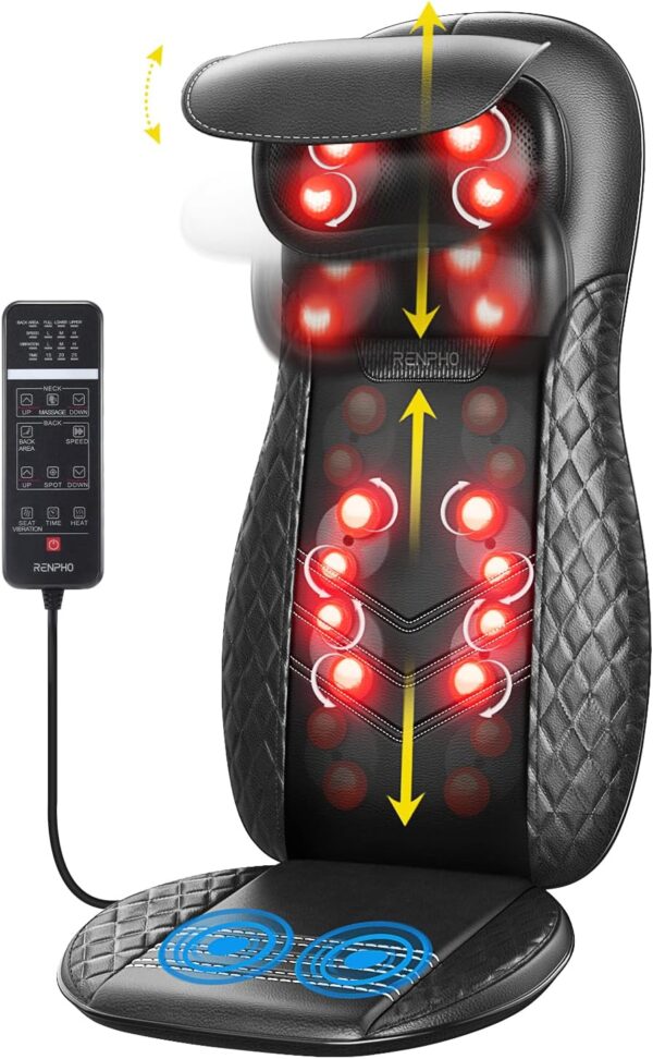 RENPHO Massagesitzauflage, , Shiatsu Massageauflage Rückenmassagegerät mit DREI Massagezonen Wärmefunktion und Vibrationsmassage, Tiefenmassage Rollmassage für Nacken