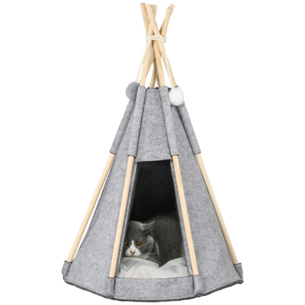 PawHut Tipi Zelt für Haustiere - Teepee Katze oder Hund - dicker Kissen für maximalen Komfort 2 Pompons inklusive - Holzstruktur aus Kiefer Filz Plüsch grau Aosom