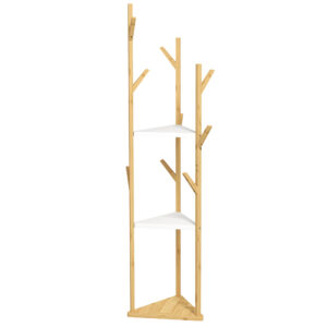 HOMCOM Garderobenständer aus Bambus, Baumgarderobenständer mit 9 Haken und 3 Ablagen für den Eingang, Steh-Garderobenständer für Jacken, Hüte, Kleidung, Mäntel und Taschen, Naturholz und Weiß Aosom