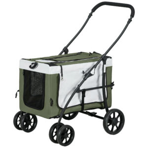 PawHut 2 in 1 Hundewagen Hundebuggy klappbar für Hunde & Katzen bis 10 kg Katzenbuggy mit Kissen Netzfenstern Türen Aufbewahrungskorb Katzenwagen Buggy Dunkelgrün Aosom