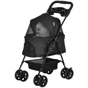 PawHut Faltbarer Hundekinderwagen Buggy für Katzen mit Aufbewahrungskorb, Getränkehalter, 300D Oxford Gewebe wasserdicht, 4 Räder Schwarz Aosom