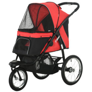 PawHut Hundewagen Hundebuggy klappbar für Hunde & Katzen bis 20 kg Katzenbuggy mit geländegängige Gummiräder Kissen Netzfenstern Türen Katzenwagen mit Aufbewahrungskorb Buggy Rot Aosom