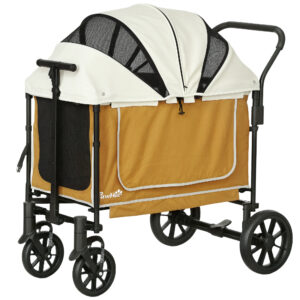 PawHut Hundewagen Hundebuggy klappbar für Hunde & Katzen bis 30 kg Katzenbuggy mit Kissen Netzfenstern 2 Türen Aufbewahrungstasche Katzenwagen Buggy Braun Aosom