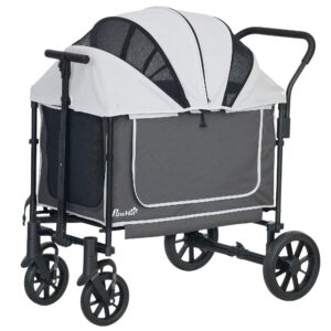 PawHut Hundewagen Hundebuggy klappbar für Hunde & Katzen bis 30 kg Katzenbuggy mit Kissen Netzfenstern 2 Türen Aufbewahrungstasche Katzenwagen Buggy Dunkelgrau Aosom