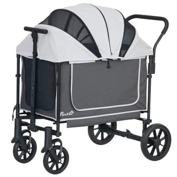 PawHut Hundewagen Hundebuggy klappbar für Hunde & Katzen bis 30 kg Katzenbuggy mit Kissen Netzfenstern 2 Türen Aufbewahrungstasche Katzenwagen Buggy Dunkelgrau Aosom