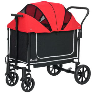 PawHut Hundewagen Hundebuggy klappbar für Hunde & Katzen bis 30 kg Katzenbuggy mit Kissen Netzfenstern 2 Türen Aufbewahrungstasche Katzenwagen Buggy Rot Aosom