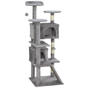 PawHut Katzenbaum Höhe 138 cm, Spielzeugturm für Katzen mit Kratzbrett, Plattformen, 2 Höhlen, Bommeln, Plüschstoff, Mehrstufig ideal für 1-3 Katzen Hellgrau Aosom