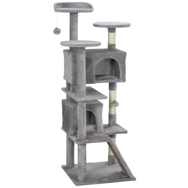 PawHut Katzenbaum Höhe 138 cm, Spielzeugturm für Katzen mit Kratzbrett, Plattformen, 2 Höhlen, Bommeln, Plüschstoff, Mehrstufig ideal für 1-3 Katzen Hellgrau Aosom