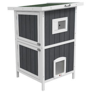 PawHut Katzenhaus aus Holz Outdoor Katzenhütte 2-stöckiges Katzenhöhle mit Balkon, abnehmbarer Bodenplatte, 4 Türen, für 1-2 Katzen bis 5 kg, Grau Aosom