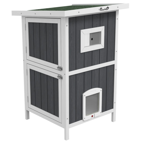 PawHut Katzenhaus aus Holz Outdoor Katzenhütte 2-stöckiges Katzenhöhle mit Balkon, abnehmbarer Bodenplatte, 4 Türen, für 1-2 Katzen bis 5 kg, Grau Aosom