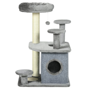 PawHut Kratzbaum für Katzen mit Plattformen, Bett, Häuschen und Sisal-Pfosten, Katzenturm mit Plüschbezug, 60x48x92 cm, Grau Aosom