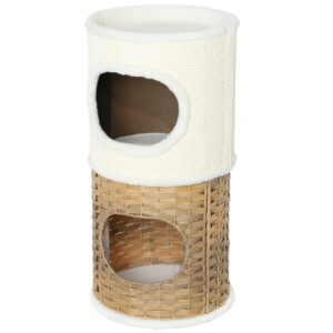 PawHut Kratztonne 80 cm Hoch ⌀ 40 cm dreistöckige Katzentonne mit Plüschrand, Katzenhöhle, Kratzbaum für mittelgroße Katzen, Cremeweiß+Braun Aosom