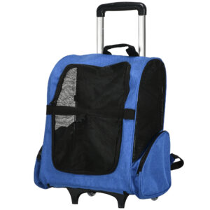 PawHut Trasportino Rucksack 2 in 1 für Hunde und Katzen mit Seitentaschen, Teleskopgriff und Räder, 42x25x55cm, Blau Aosom