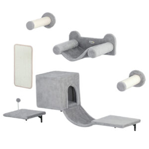 PwaHut Kletterwand Katzen 6-teilig Katzen Kletterwand Set mit Katzenhaus, Hängematte, Plattform, Kratzbaum mit Kratzbrett, Plüsch-Wandkratzbaum, Katzenmöbel für Katzen bis zu 5 kg, Grau Aosom