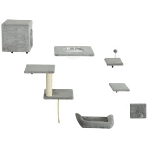 PwaHut Kletterwand Katzen 7-teilig Katzen Kletterwand Set mit Katzenhaus, Plattform, Kratzbaum mit Hängeball, Plüsch-Wandkratzbaum, Katzenmöbel für Katzen bis zu 5 kg, Grau Aosom
