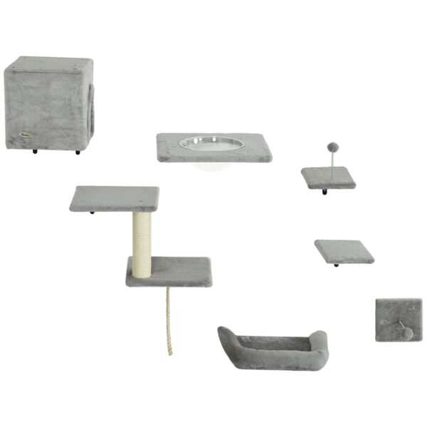 PwaHut Kletterwand Katzen 7-teilig Katzen Kletterwand Set mit Katzenhaus, Plattform, Kratzbaum mit Hängeball, Plüsch-Wandkratzbaum, Katzenmöbel für Katzen bis zu 5 kg, Grau Aosom