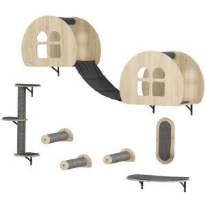 PwaHut Kletterwand Katzen 7-teilig Katzen Kletterwand Set mit Sisalpfostenleiter, Plattform, Kratzbaum mit Kratzbrett, Höhle, Katzenmöbel für Katzen bis zu 5 kg, Grau+Eiche Aosom