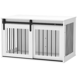 PawHut Hundekäfig für Zuhause, Abschließbar Hundehütte mit Eingang, Hundebox mit Schiebetür, Hundehaus für große Hunde unter 30 kg, Weiß, 98 x 58 x 61 cm Aosom
