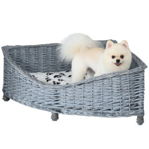 PawHut Hundesofa Rattan Haustierbett für kleine Hunde & Katzen, Eck-Design mit weichem Plüschbezug, grau, 68x68x32cm Aosom.de