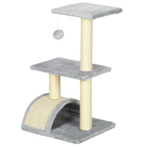 PawHut Kratzbaum 72 cm Katzenturm mit Plüschballen, Sisalstämme, Plattform, Kratzbrett mehrstöckiger Katzenkratzbaum, Kletterbaum, für mittelgroße Katzen, Hellgrau Aosom