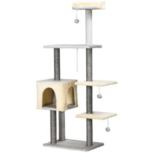 PawHut Kratzbaum für Katzen 156cm hoch mit Liegebett, Höhle und Sisal-Kratzstämmen, Spanplatte und Plüsch, Grau und Beige Aosom