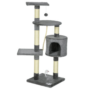 PawHut Kratzbaum für Katzen Höhe 116 cm Katzenturm mit Sisal Kratzpfosten Höhle Plattformen und Lustigen Hängespielzeugen Dunkelgrau Aosom
