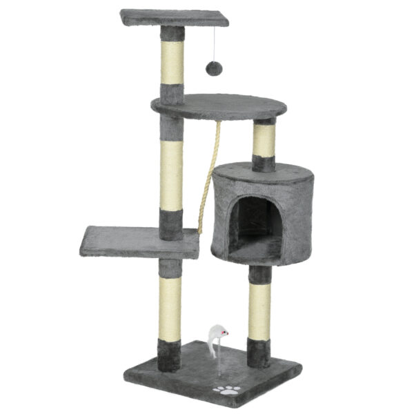 PawHut Kratzbaum für Katzen Höhe 116 cm Katzenturm mit Sisal Kratzpfosten Höhle Plattformen und Lustigen Hängespielzeugen Dunkelgrau Aosom