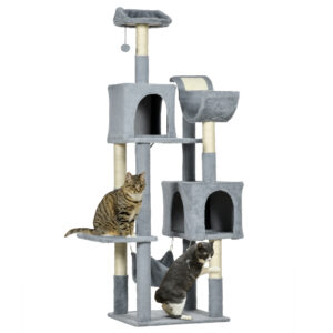 PawHut Kratzbaum für Katzen mit Spielball, Hängematte, Liegebett, 2 Höhlen und Liegeflächen, Kratzbaum aus Spanplatte, Plüsch und Sisal, 55x49x177 cm, Grau und Weiß Aosom