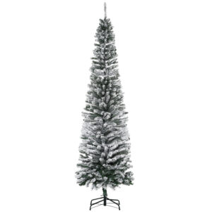 HOMCOM Künstlicher Weihnachtsbaum 225 cm Bleistift Kiefernbaum mit Schnee, 738 Spitzen Beflockter Christbaum Weihnachtsdeko inkl. Metallständer für drinnen Aosom