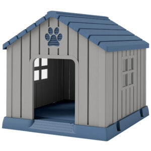 PawHut Hundehaus aus wetterfestem Kunststoff für mittelgroße Hunde mit erhöhtem Boden, Fenstern und Dach für Garten, Terrasse, Haus und Innenräume, 85x79x82 cm, Grau Aosom