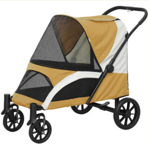 PawHut Hundewagen Hundebuggy klappbar für große Hunde & Katzen bis 30 kg Katzenbuggy mit Kissen Netzfenstern Türen Aufbewahrungstasche Katzenwagen mit Sicherheitsleinen, Bremsen, Buggy Braun Aosom