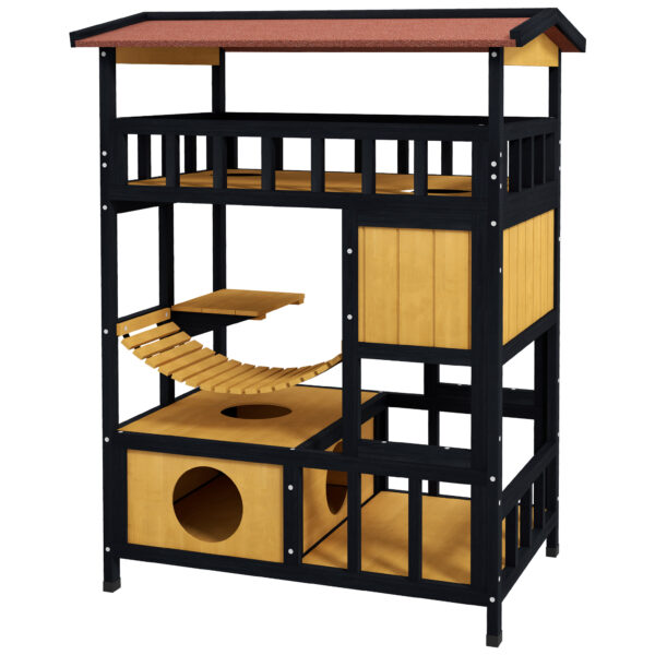 PawHut Katzenhaus aus Holz Katzenhöhle mit Plattformen, Hängebrück, Katzenhütte für bis zu 2 Katzen, Innen- und Außenbereich, Gelb Aosom