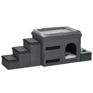 PawHut Katzenhöhle Katzenhütte mit Treppe, Katzenhaus mit 2 Edelstahlnäpfen, Katzenbett, Hundehaus mit Kissen, für Katzen, Hunde bis 8 kg, Polyester, 78 x 48 x 49,5 cm, Grau Aosom