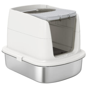 PawHut Katzenklo, Katzentoilette mit Deckel, Streuschaufel, Wanne aus Edelstahl, Katzentoilette mit eingebauter Streufilter, Deodorierungsbeutel, für Katzen bis 5 kg, Weiß Aosom