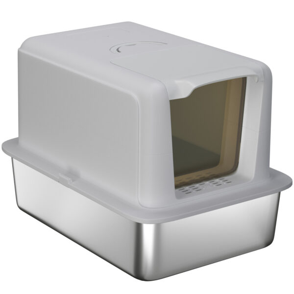 PawHut Katzenklo, Katzentoilette mit Deckel, Wanne aus Edelstahl, eingebauter Streufilter, inklusive Streuschaufel, für Katzen bis 6 kg, Grau Aosom