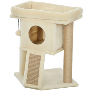 PawHut Kratzbaum 57 cm Kleiner Katzenbaum mit Katzenhöhle, Liegeplattform, Katzenkratzbaum mit Kratzbrett, Spielball, Katzenmöbel für Katzen bis 5 kg, Beige Aosom